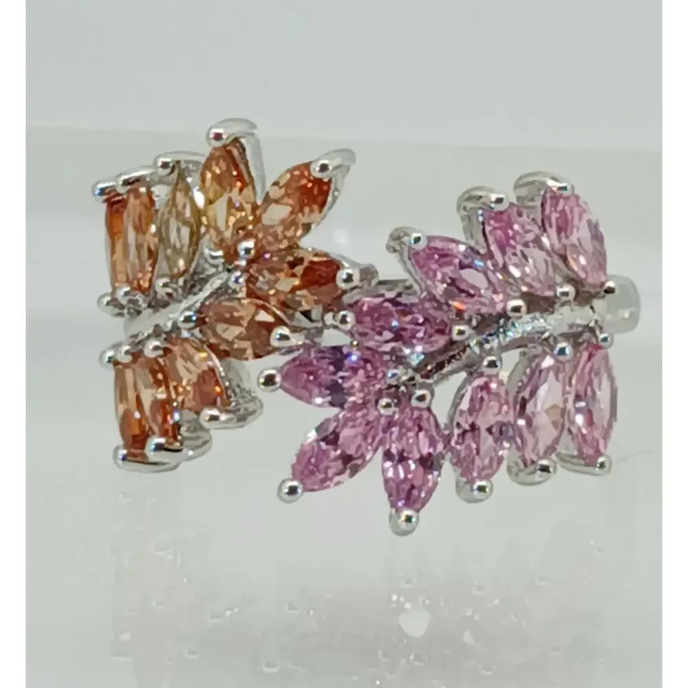 Vintage‎ Ring Size 9.5 Silver Tone White Gold GP Pink Champagne Amber CZ Spray